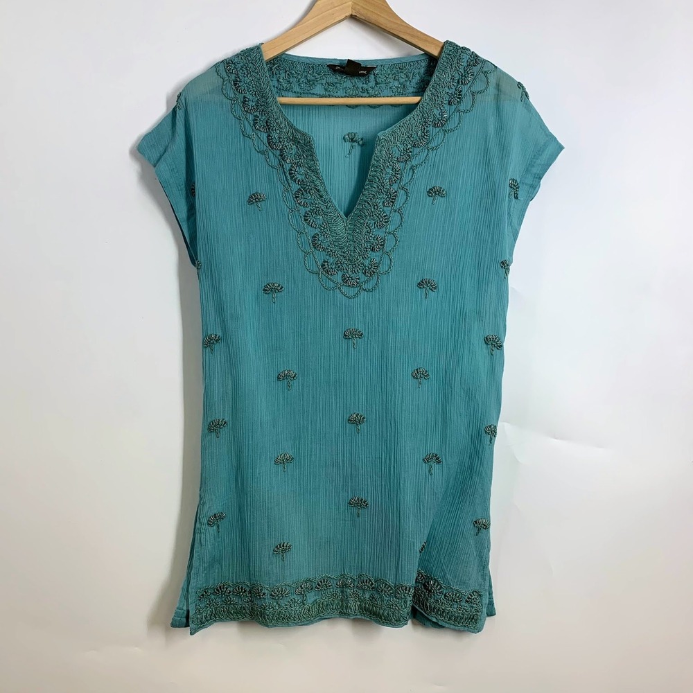 Turquoise Embroidered V Neck Tunic‎ Women's Sheer Beaded Swim Cover Up Size S
